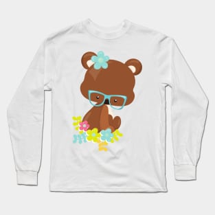 Hipster Bear, Bear With Glasses, Colorful Flowers Long Sleeve T-Shirt